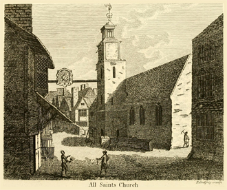 An engraving of All Saints Church c.1777