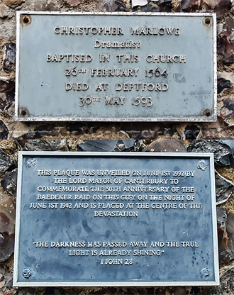 Plaques on St George's Tower remembering Marlowe and the WWII bombing