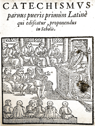 Woodcut of an Elizabethan schoolroom