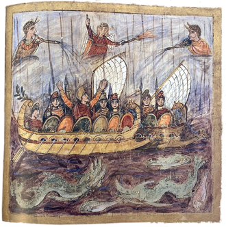 Illustration of the Trojans at Sea from Vergilius Romanus (5th Century)